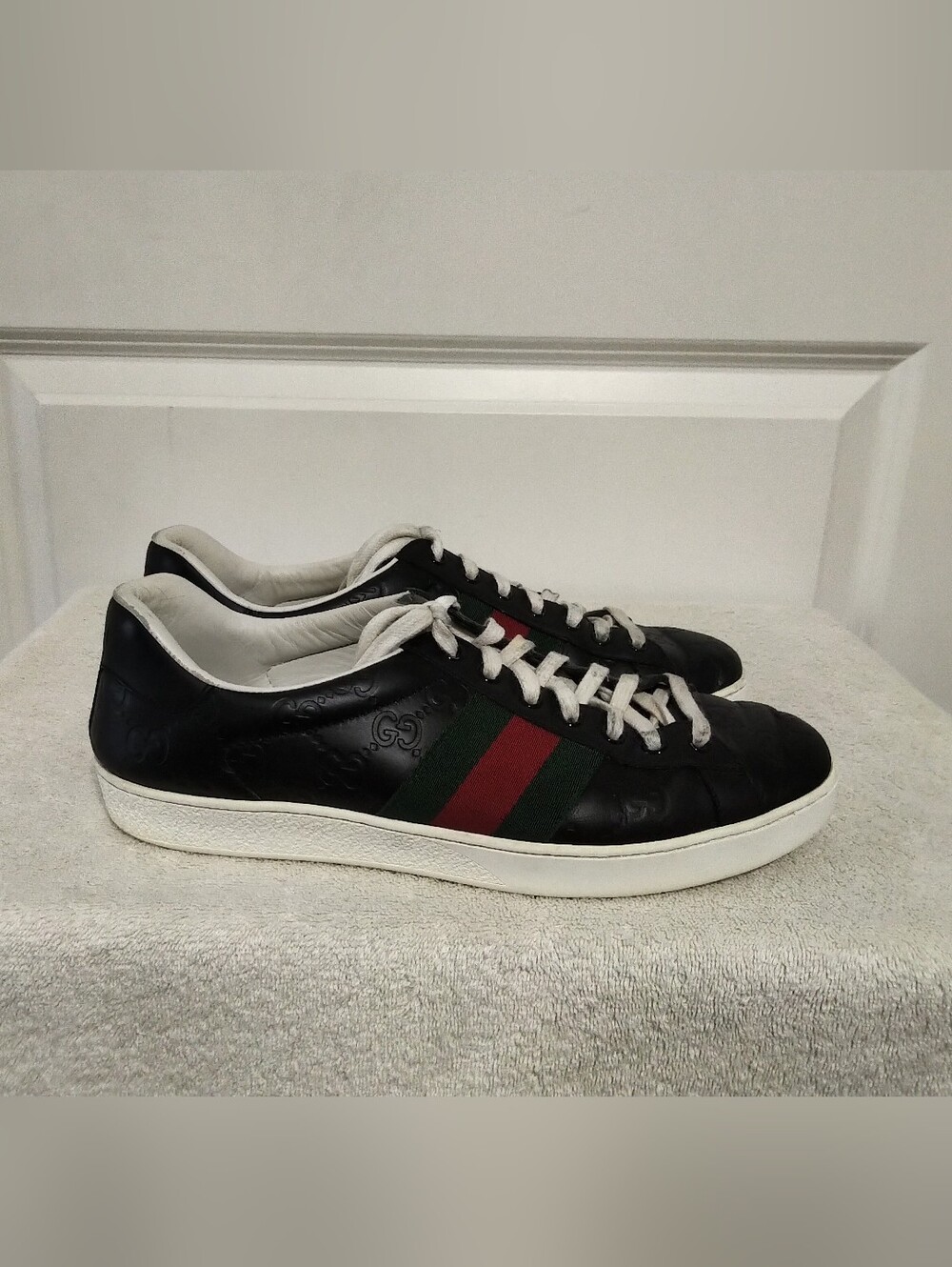 Authentic Gucci Men's Ace Black Leather Sneakers Size 7.5 (Fits Mens 8.5)